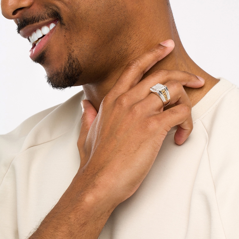 Main Image 2 of 1 CT. T.W. Cushion-Shaped Multi-Diamond Frame Curb-Style Chain Link Shank Ring in 10K Two-Tone Gold