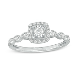 1/5 CT. T.W. Diamond Square Frame Scallop Shank Vintage-Style Promise Ring in 10K White Gold
