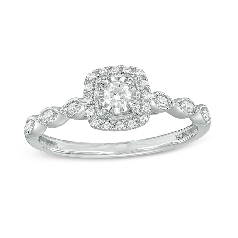 1/5 CT. T.W. Diamond Square Frame Scallop Shank Vintage-Style Promise Ring in 10K White Gold