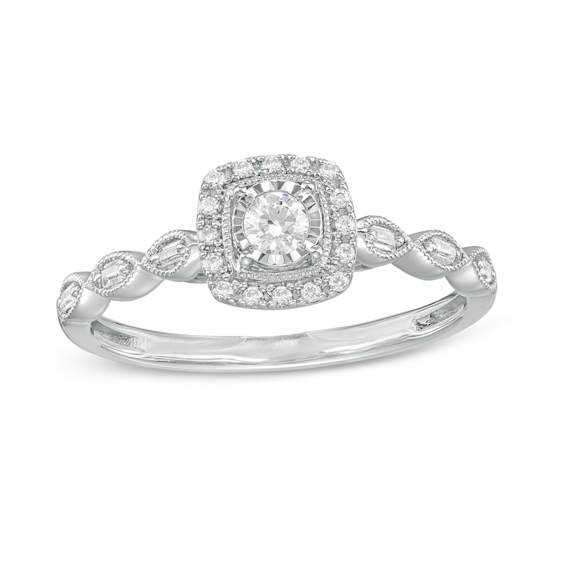 Main Image 1 of 1/5 CT. T.W. Diamond Square Frame Scallop Shank Vintage-Style Promise Ring in 10K White Gold