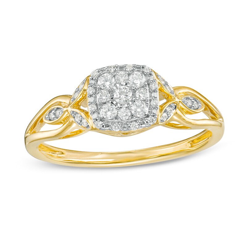 1/5 CT. T.W. Multi-Diamond Square Frame Split Shank Leaf-Sides Flower Promise Ring in 10K Gold