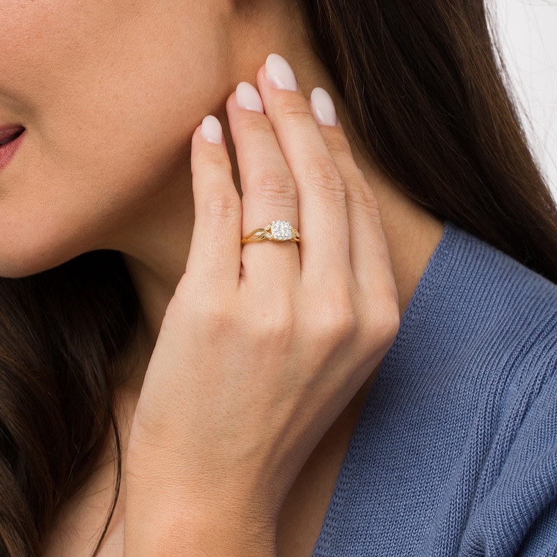 Main Image 2 of 1/5 CT. T.W. Multi-Diamond Square Frame Split Shank Leaf-Sides Flower Promise Ring in 10K Gold