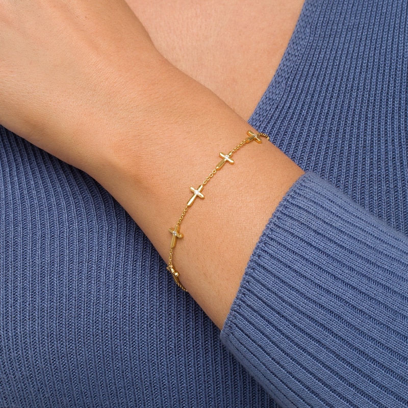 Main Image 2 of 1/8 CT. T.W. Diamond Sideways Gothic-Style Cross Station Bracelet in 10K Gold – 7.25"