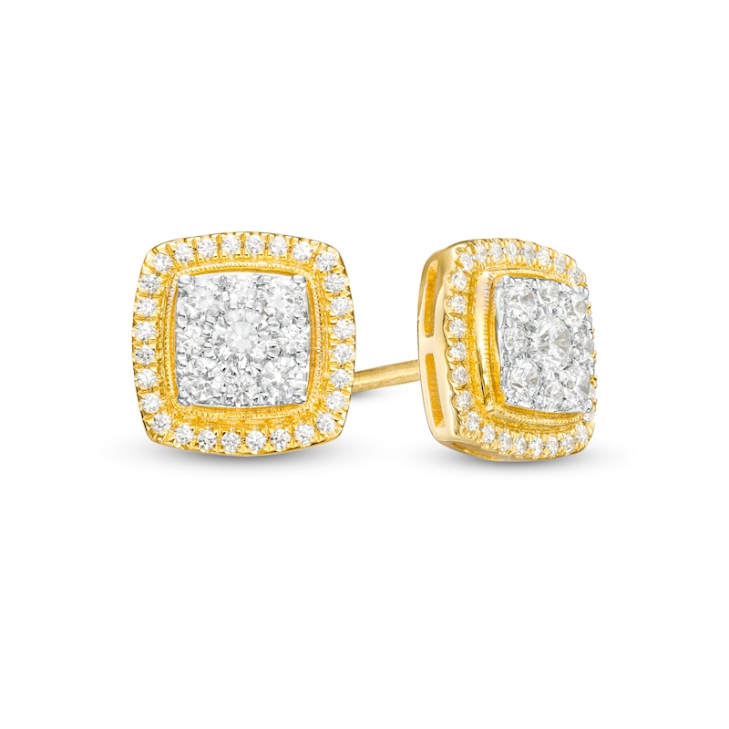 Main Image 1 of 1/2 CT. T.W. Cushion-Shaped Multi-Diamond Frame Vintage-Style Stud Earrings in 10K Gold