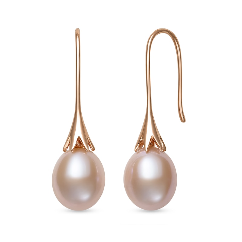 Main Image 1 of 8.0-9.0mm Oval Pink Freshwater Cultured Pearl Floral Drop Earrings in 14K Rose Gold