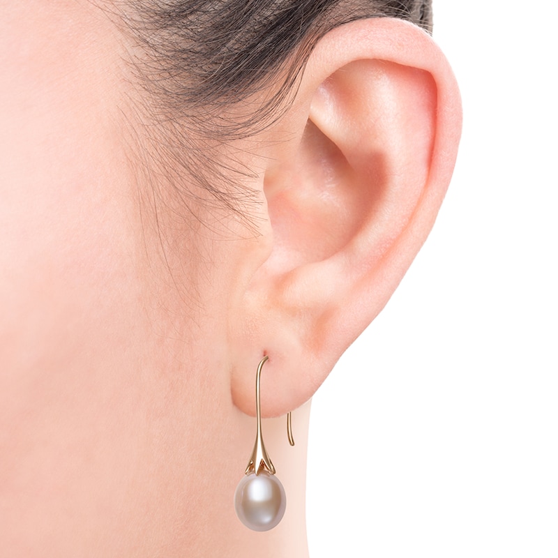 Main Image 2 of 8.0-9.0mm Oval Pink Freshwater Cultured Pearl Floral Drop Earrings in 14K Rose Gold