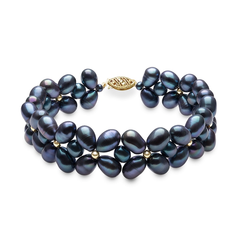 Main Image 1 of 3.0-7.0mm Oval and Baroque Dyed Black Freshwater Cultured Pearl Strand Bracelet with 14K Gold Clasp