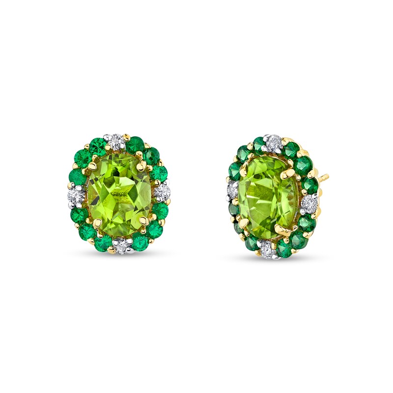 Main Image 1 of Oval Peridot, Tsavorite and 1/4 CT. T.W. Diamond Frame Stud Earrings in 10K Gold