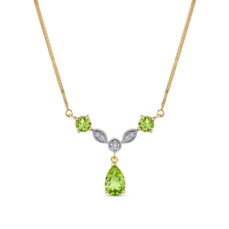 Main Image 1 of Pear-Shaped Peridot and 1/10 CT. T.W. Diamond "Y" Necklace in 14K Gold - 16"