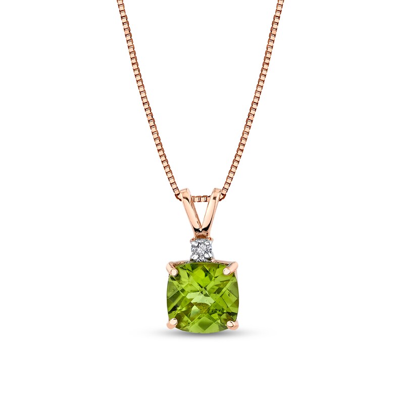 Main Image 1 of 7.0mm Cushion-Cut Peridot and Diamond Accent Stacked Pendant in 14K Rose Gold