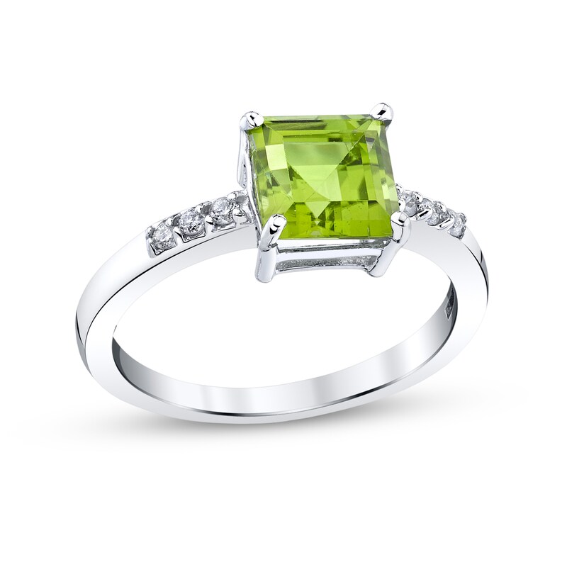 Main Image 1 of 7.0mm Princess-Cut Peridot and 1/10 CT. T.W. Diamond Ring in 14K White Gold