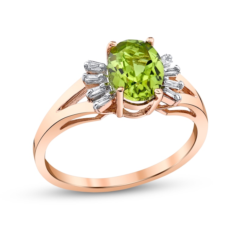 Main Image 1 of Oval Peridot and 1/8 CT. T.W. Baguette Diamond Collar Split Shank Ring in 14K Rose Gold