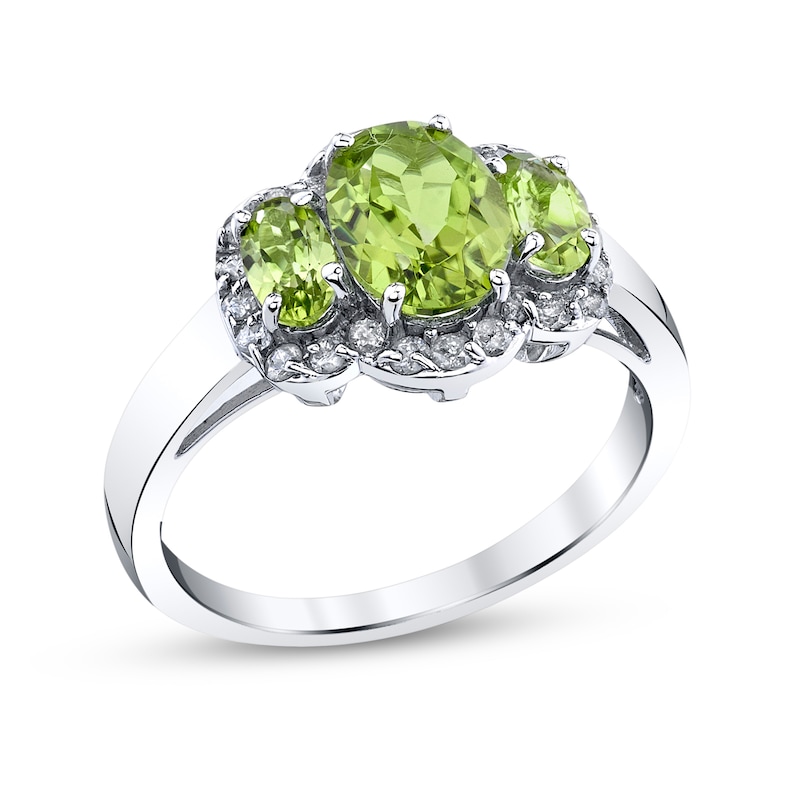 Oval Peridot and 1/4 CT. T.W. Diamond Frame Three Stone Ring in 14K White Gold