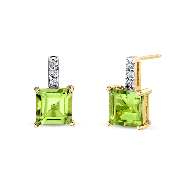 Main Image 1 of 6.0mm Princess-Cut Peridot and 1/20 CT. T.W. Diamond Linear Trio Drop Earrings in 14K Gold