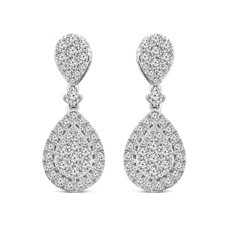 Main Image 1 of 1-1/2 CT. T.W. Pear-Shaped Multi-Diamond Frame Drop Earrings in 14K White Gold