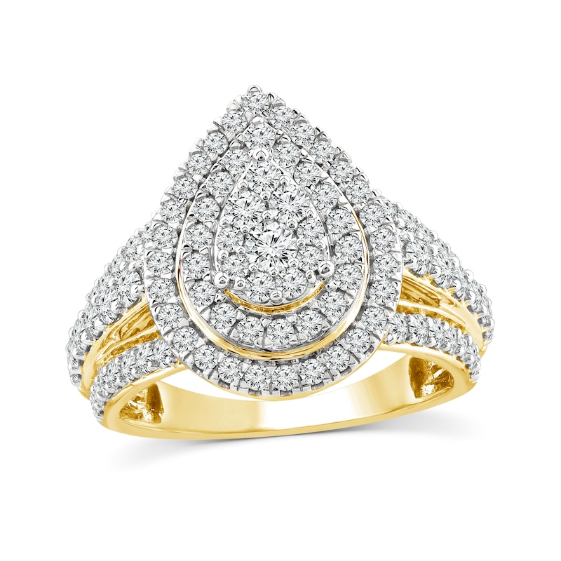 Main Image 1 of 1-1/2 CT. T.W. Multi-Diamond Double Frame Triple Row Teardrop Engagement Ring in 14K Gold