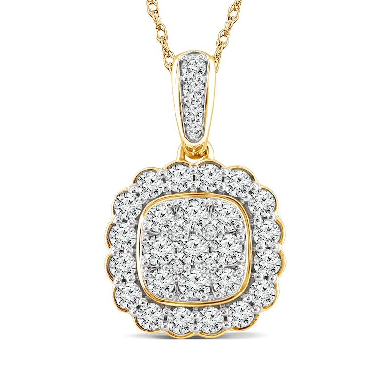 Main Image 1 of 3/4 CT. T.W. Cushion-Shaped Multi-Diamond Flower Frame Pendant in 14K Gold