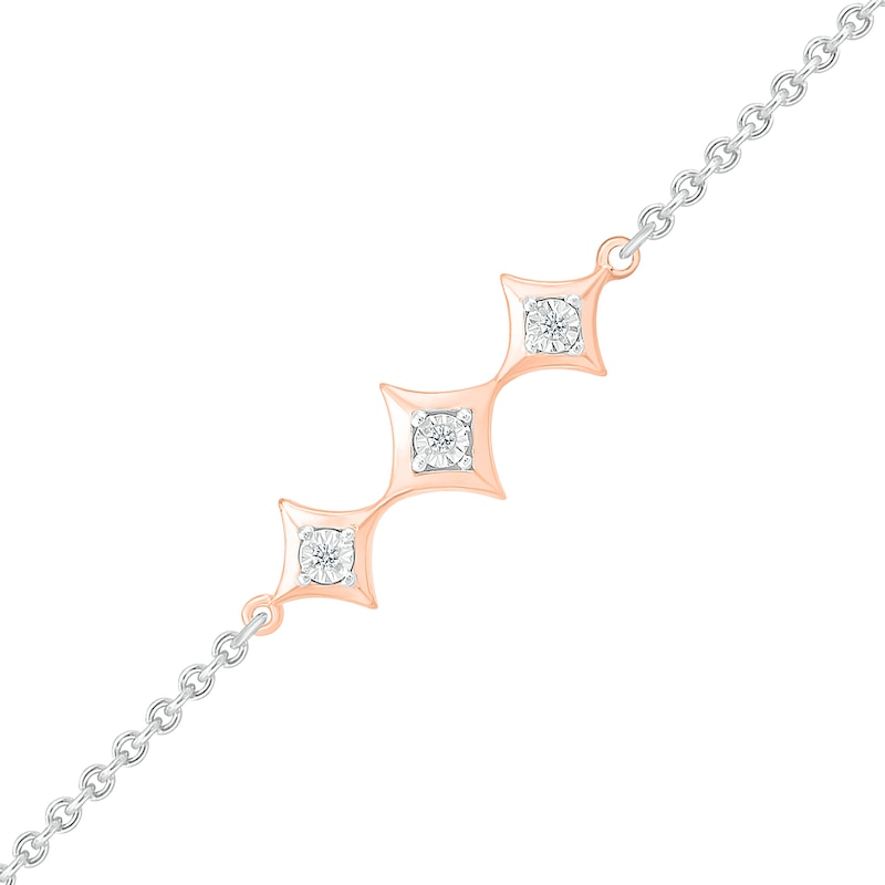Diamond Accent Three Stone Pointed Frame Anklet in Sterling Silver and 10K Rose Gold - 10"