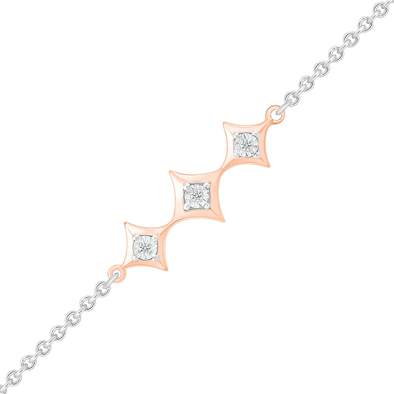 Main Image 1 of Diamond Accent Three Stone Pointed Frame Anklet in Sterling Silver and 10K Rose Gold - 10"