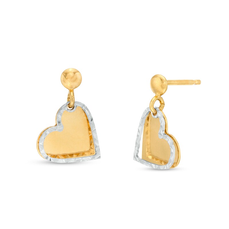 Main Image 1 of Diamond-Cut Layered Outline Tilted Heart Drop Earrings in 14K Two-Tone Gold
