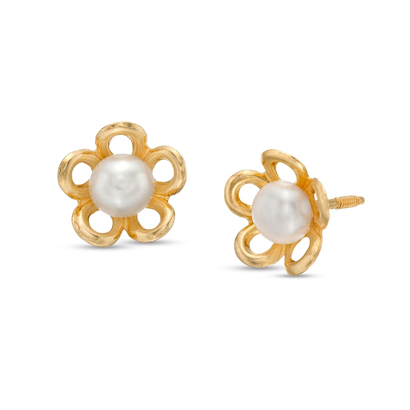 Main Image 1 of Child's 4.0mm Freshwater Cultured Pearl Open Petal Flower Stud Earrings in 14K Gold