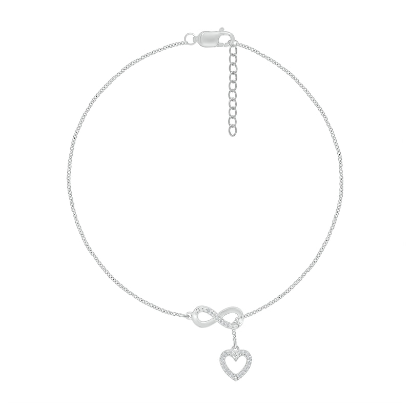 Main Image 2 of 1/20 CT. T.W. Diamond Infinity Heart Drop Anklet in Sterling Silver - 10"