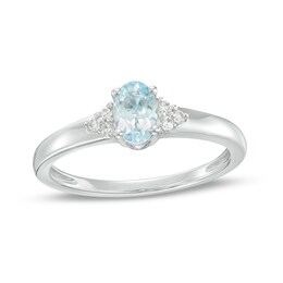 Oval Aquamarine and 1/20 CT. T.W. Diamond Tri-Sides Ring in 10K White Gold - Size 7