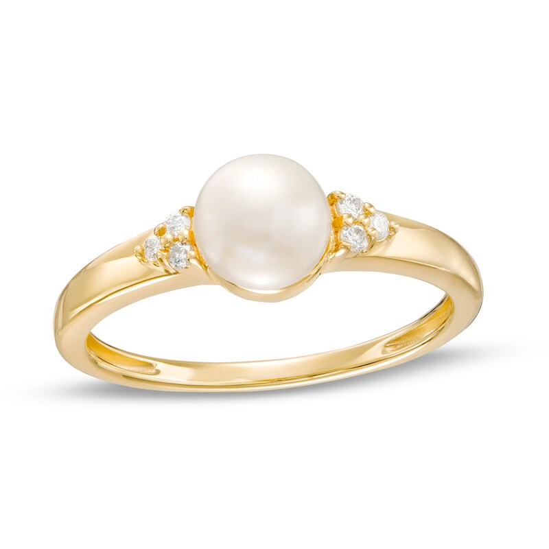 6.0mm Cultured Freshwater Pearl and 1/20 CT. T.W. Diamond Tri-Sides Ring in 10K Gold - Size 7
