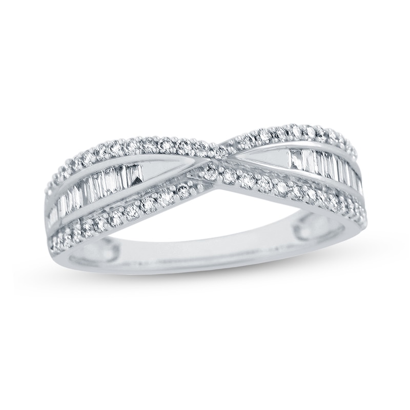 Main Image 1 of 1/2 CT. T.W. Baguette and Round Diamond Triple Row Twist Ring in 14K White Gold
