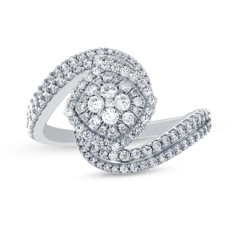 Main Image 1 of 3/4 CT. T.W. Cushion-Shaped Multi-Diamond Frame Tilted Bypass Ring in 10K White Gold