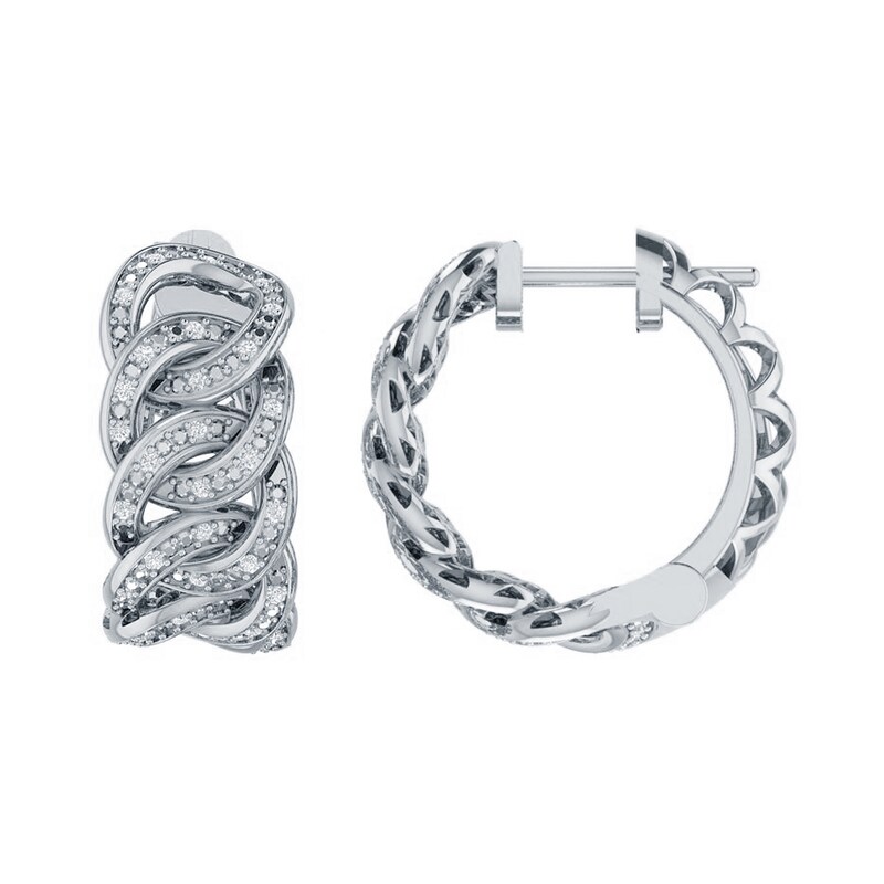 Main Image 1 of 1/5 CT. T.W. Diamond Cuban Chain Link Hoop Earrings in Sterling Silver