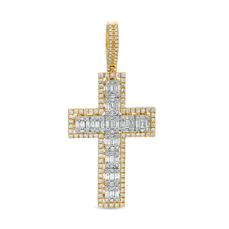 Men's 2-1/4 CT. T.W. Baguette and Round Diamond Frame Cross Necklace Charm in 10K Gold