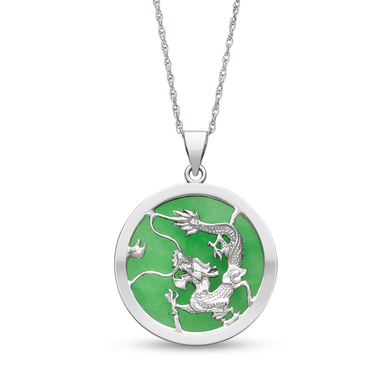 Main Image 1 of 22.0mm Dyed Jade Textured Dragon Circle Pendant in Sterling Silver