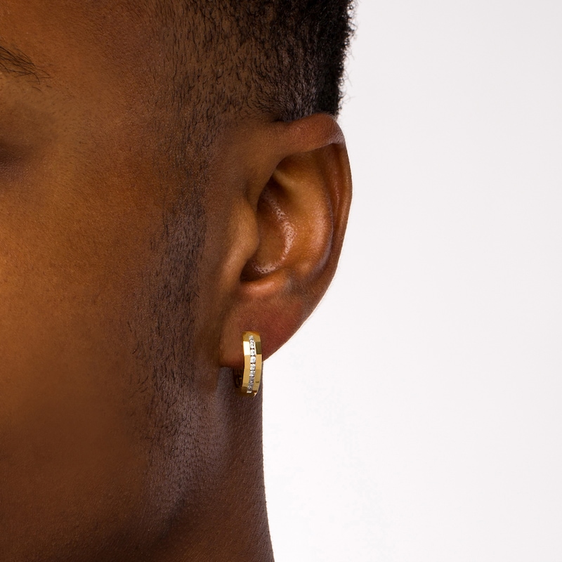 Main Image 2 of Men's 1/4 CT. T.W. Diamond Nine Stone Huggie Hoop Earrings in 10K Gold