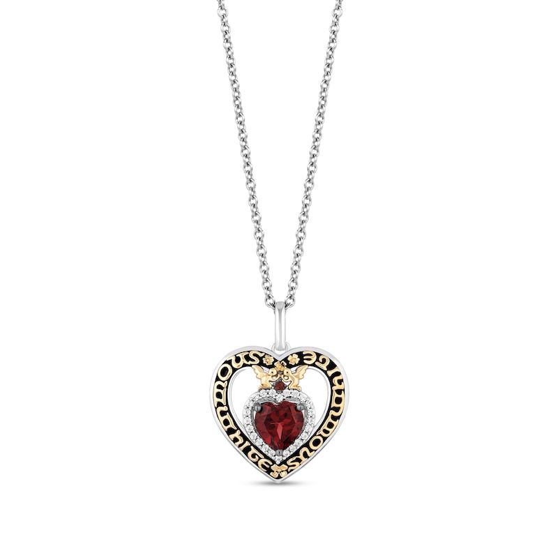 Main Image 1 of Enchanted Disney Snow White Garnet and 1/15 CT. T.W. Diamond Double Heart Pendant in Sterling Silver and 10K Gold - 19"