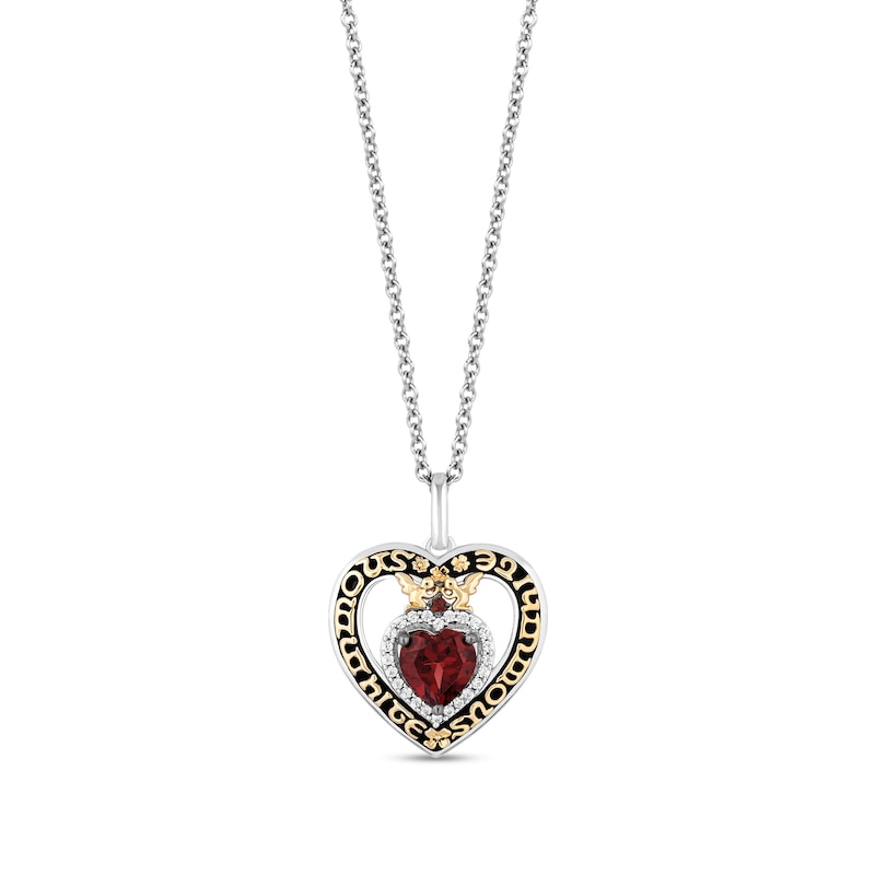 Enchanted Disney Snow White Garnet and 1/15 CT. T.W. Diamond Double Heart Pendant in Sterling Silver and 10K Gold - 19"