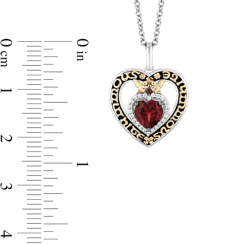 Enchanted Disney Snow White Garnet and 1/15 CT. T.W. Diamond Double Heart Pendant in Sterling Silver and 10K Gold - 19"