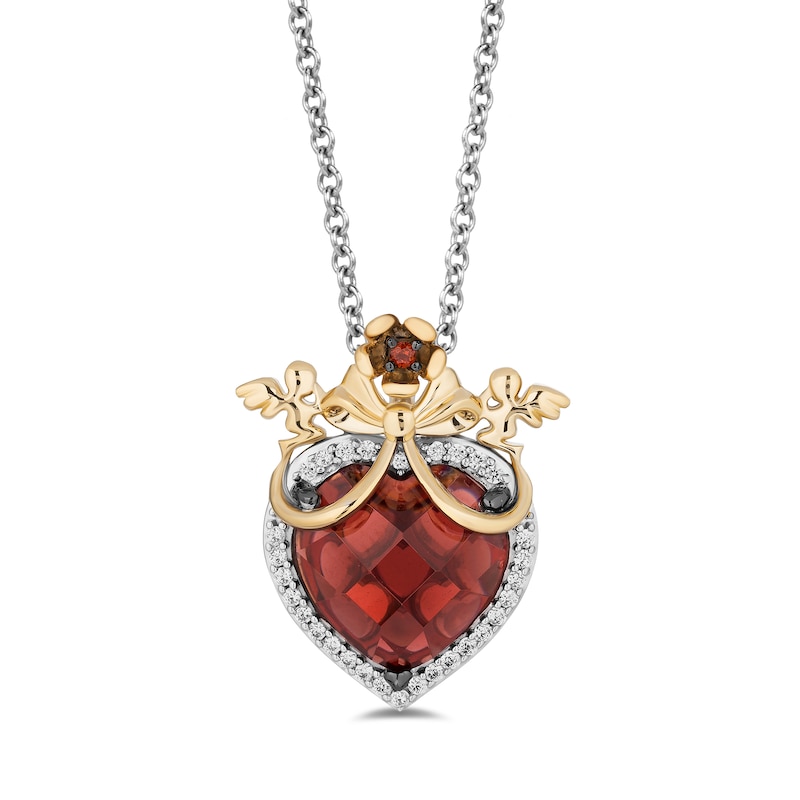 Enchanted Disney Snow White Garnet and 1/10 CT. T.W. Diamond Bow Overlay Heart Pendant in Sterling Silver and 10K Gold
