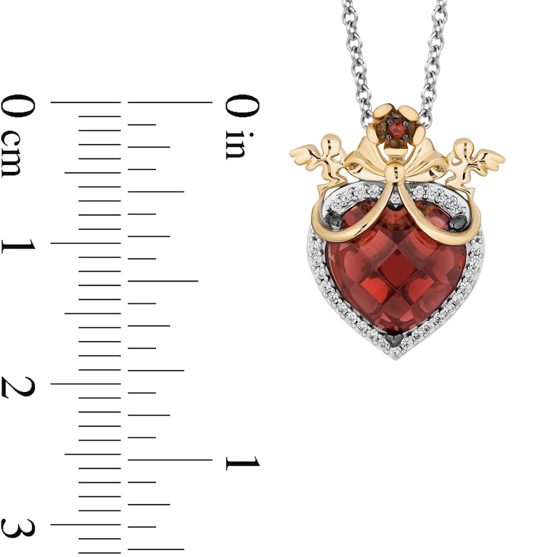 Enchanted Disney Snow White Garnet and 1/10 CT. T.W. Diamond Bow Overlay Heart Pendant in Sterling Silver and 10K Gold