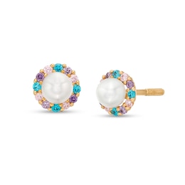 Child's 3.0mm Cultured Freshwater Pearl and Multi-Color Cubic Zirconia Frame Stud Earrings in 14K Gold
