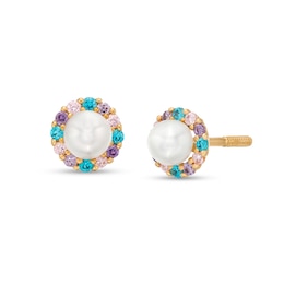 Child's 3.0mm Freshwater Cultured Pearl and Multi-Color Cubic Zirconia Frame Stud Earrings in 14K Gold