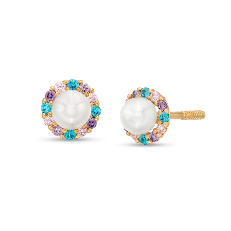Main Image 1 of Child's 3.0mm Freshwater Cultured Pearl and Multi-Color Cubic Zirconia Frame Stud Earrings in 14K Gold