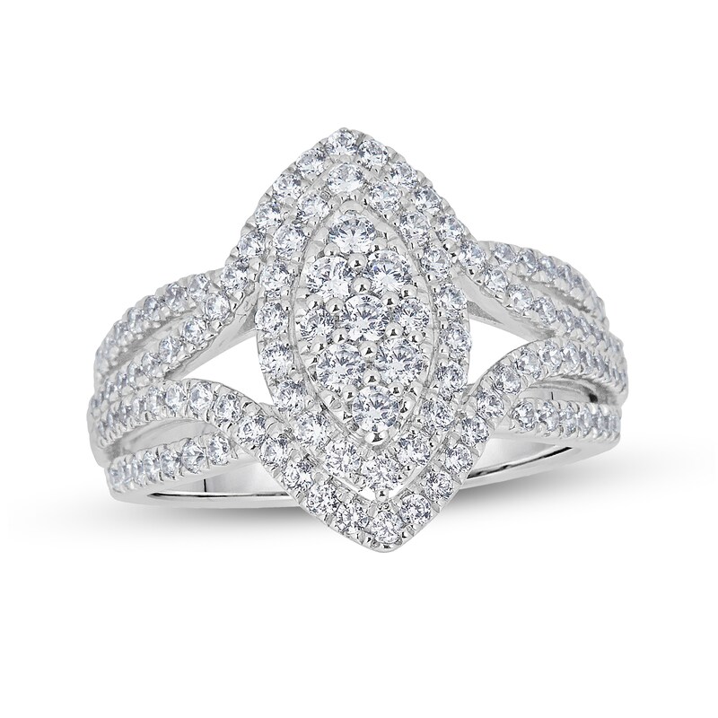 Main Image 1 of 2-1/2 CT. T.W. Marquise-Shaped Multi-Diamond Frame Multi-Row Split Shank Engagement Ring in 14K White Gold