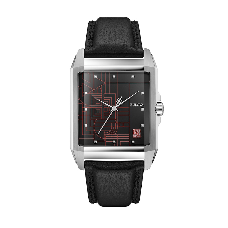 Main Image 1 of Men's Bulova Frank Lloyd Wright Black Leather Strap Watch with Rectangular Dial (Model: 96A223)