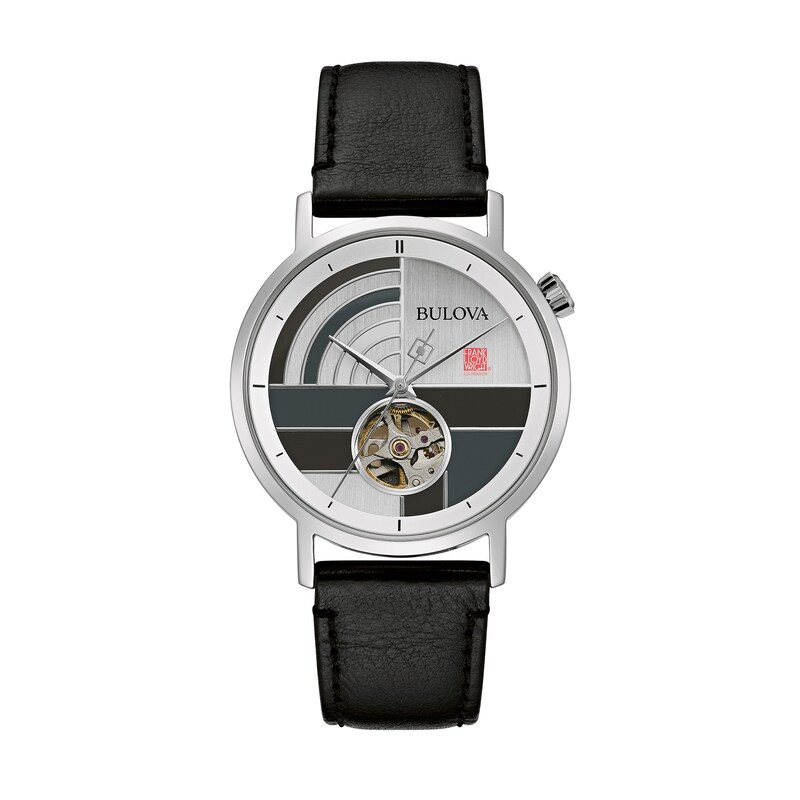 Main Image 1 of Men's Bulova Frank Lloyd Wright Automatic Black Leather Strap Watch with Grey Dial (Model: 96A248)