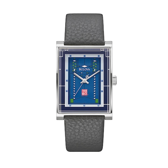 Men's Bulova Frank Lloyd Wright Grey Leather Strap Watch with Rectangular Blue Dial (Model: 96A287)