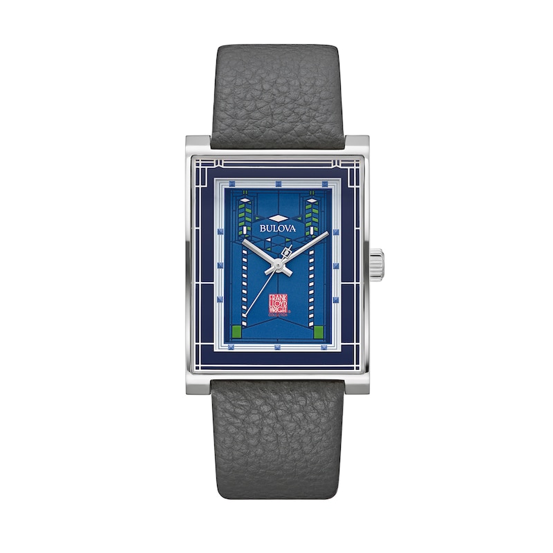 Main Image 1 of Men's Bulova Frank Lloyd Wright Grey Leather Strap Watch with Rectangular Blue Dial (Model: 96A287)