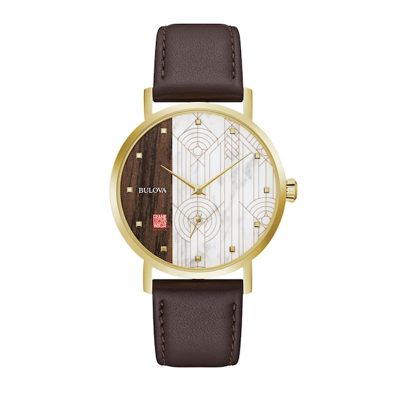 Men's Bulova Frank Lloyd Wright Gold-Tone Brown Leather Strap Watch with White Dial (Model: 97A141)