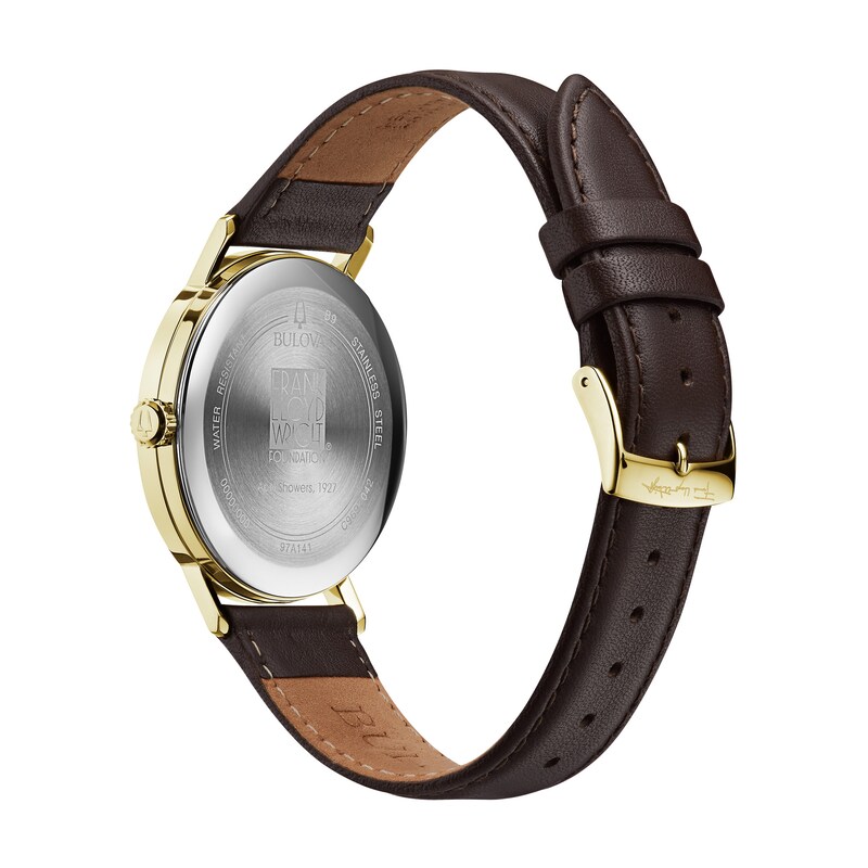 Main Image 3 of Men's Bulova Frank Lloyd Wright Gold-Tone Brown Leather Strap Watch with White Dial (Model: 97A141)