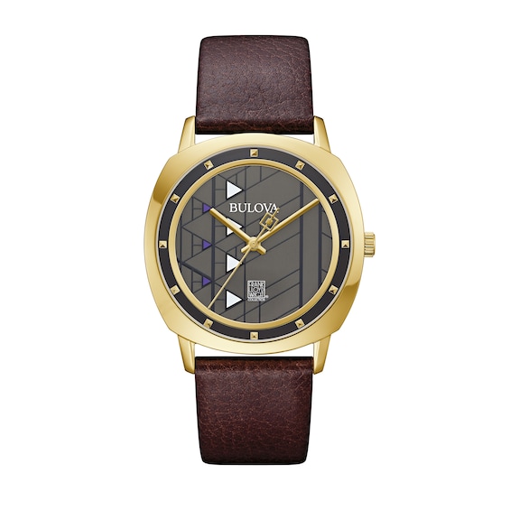 Men's Bulova Frank Lloyd Wright Gold-Tone Brown Leather Strap Watch with Grey Dial (Model: 97A173)